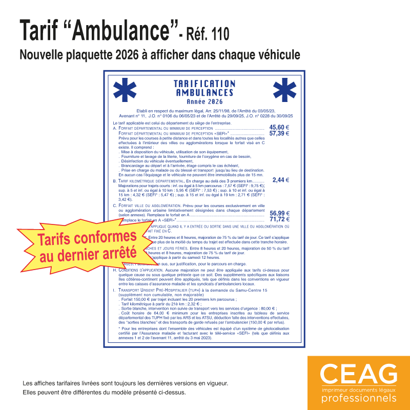 Plaquette Affichage Tarifaire Ambulances - 2026
