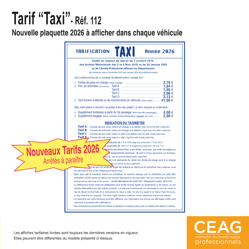 Plaquette Tarif Taxi - 2026