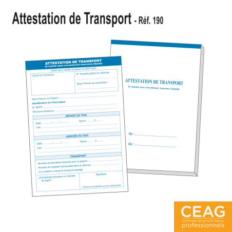 Carnet Attestation de Transport Taxi Conventionné - 1 original