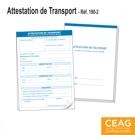 Carnet Attestation de Transport Taxi Conventionné - 2 feuillets
