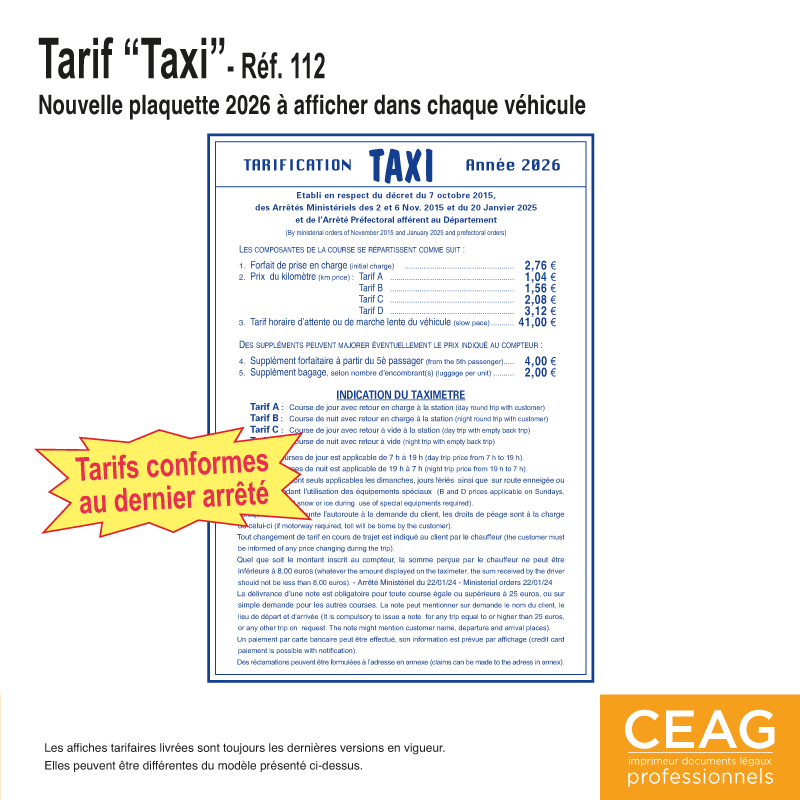Plaquette Tarif Taxi - 2026